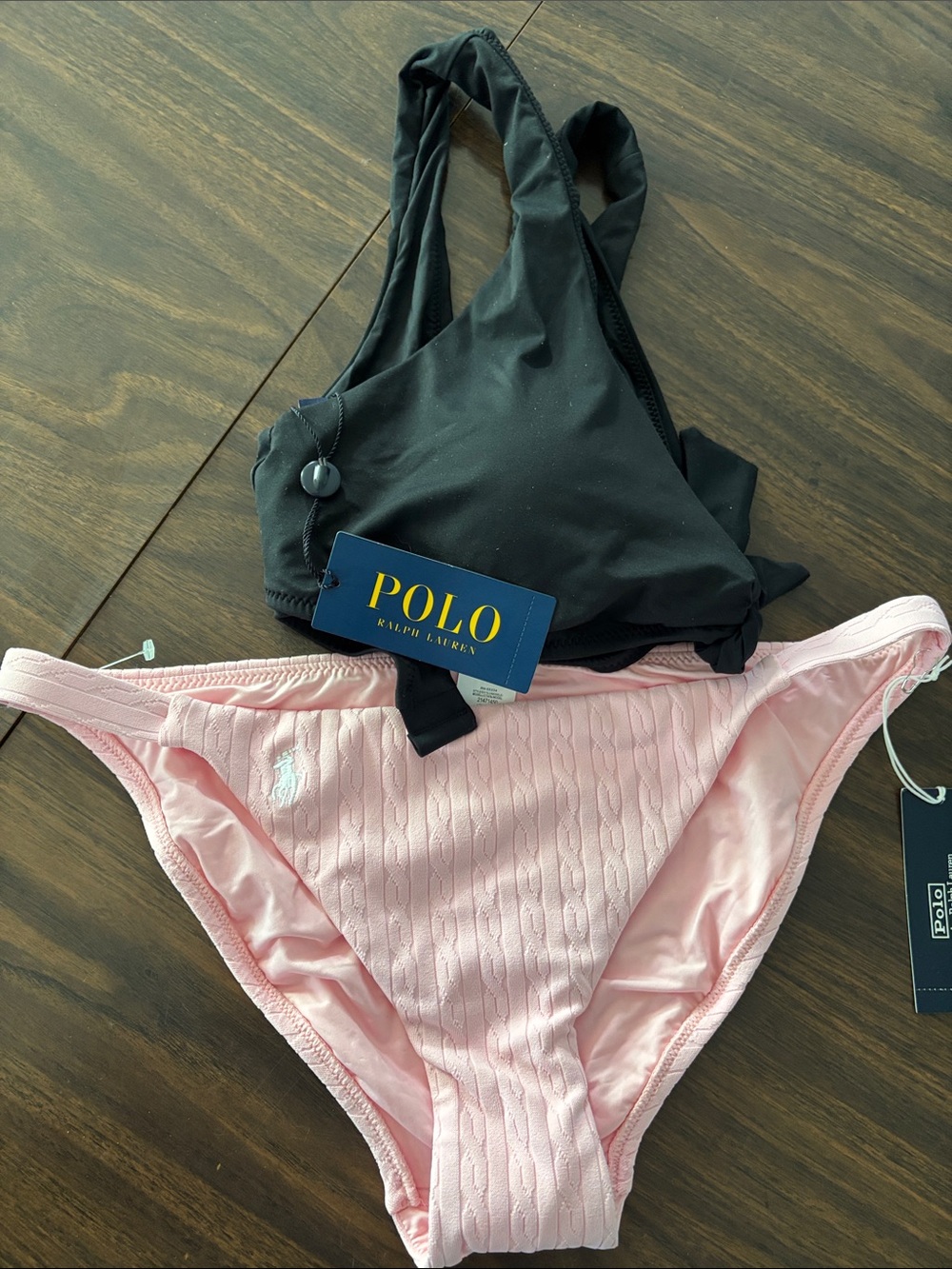 Polo by Ralph Lauren Black Bikini Top XL with  Pink Cable-Knit Bikini Bottoms M.